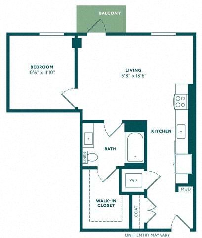 Floor plan for 1 bed, 1 bath, 719 sqft